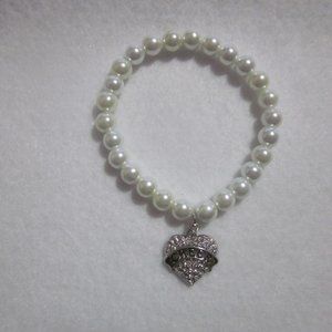 Handmade White Pearl Stretch "Cheer" Charm Bracelet